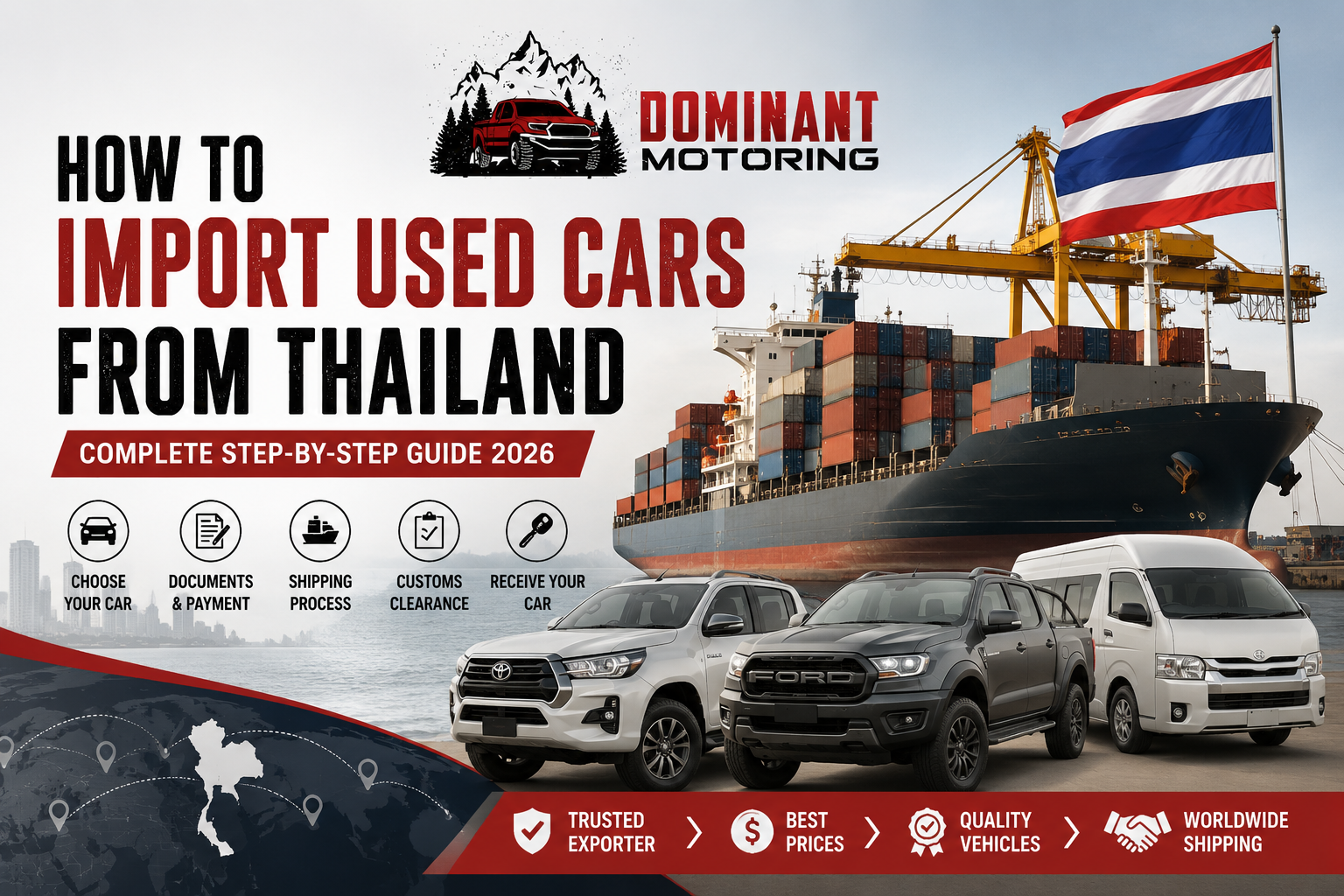 How to import used cars from Thailand with Dominant Motoring – Complete guide showing vehicle export, shipping, customs clearance, and worldwide delivery.